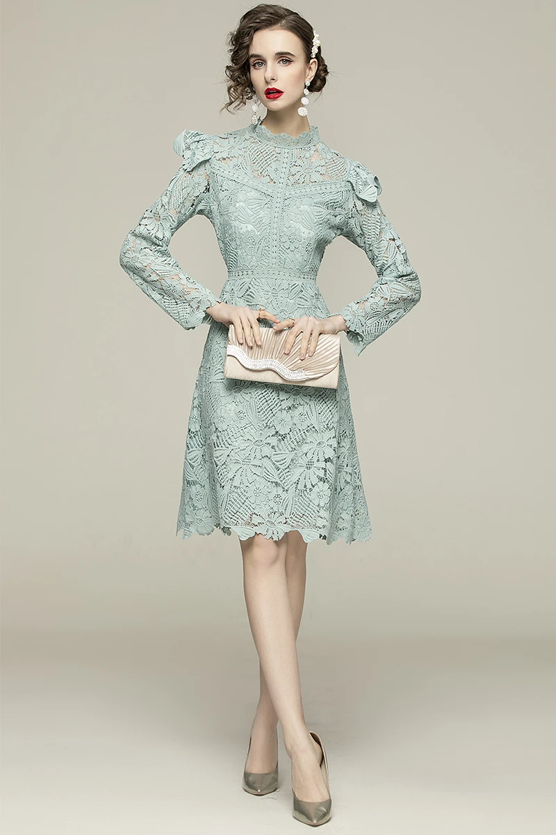 

COIGARSAM Vintage Lace Women dress Pleated Hollow Out Dresses Peacock Blue 8139