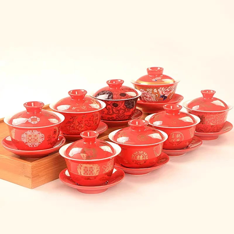 Дракон и феникс свадебный gaiwan чайная чаша китайский красный ted чайная чашка и блюдце набор