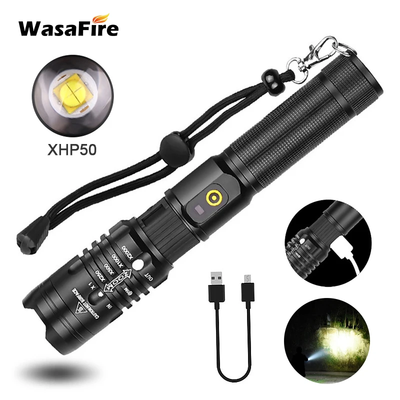 

Super Powerful LED Flashlight XHP50 Zoomable Handlamp Waterproof Torch USB Rechargeable Ultra Bright Lantern for Camping Hunting