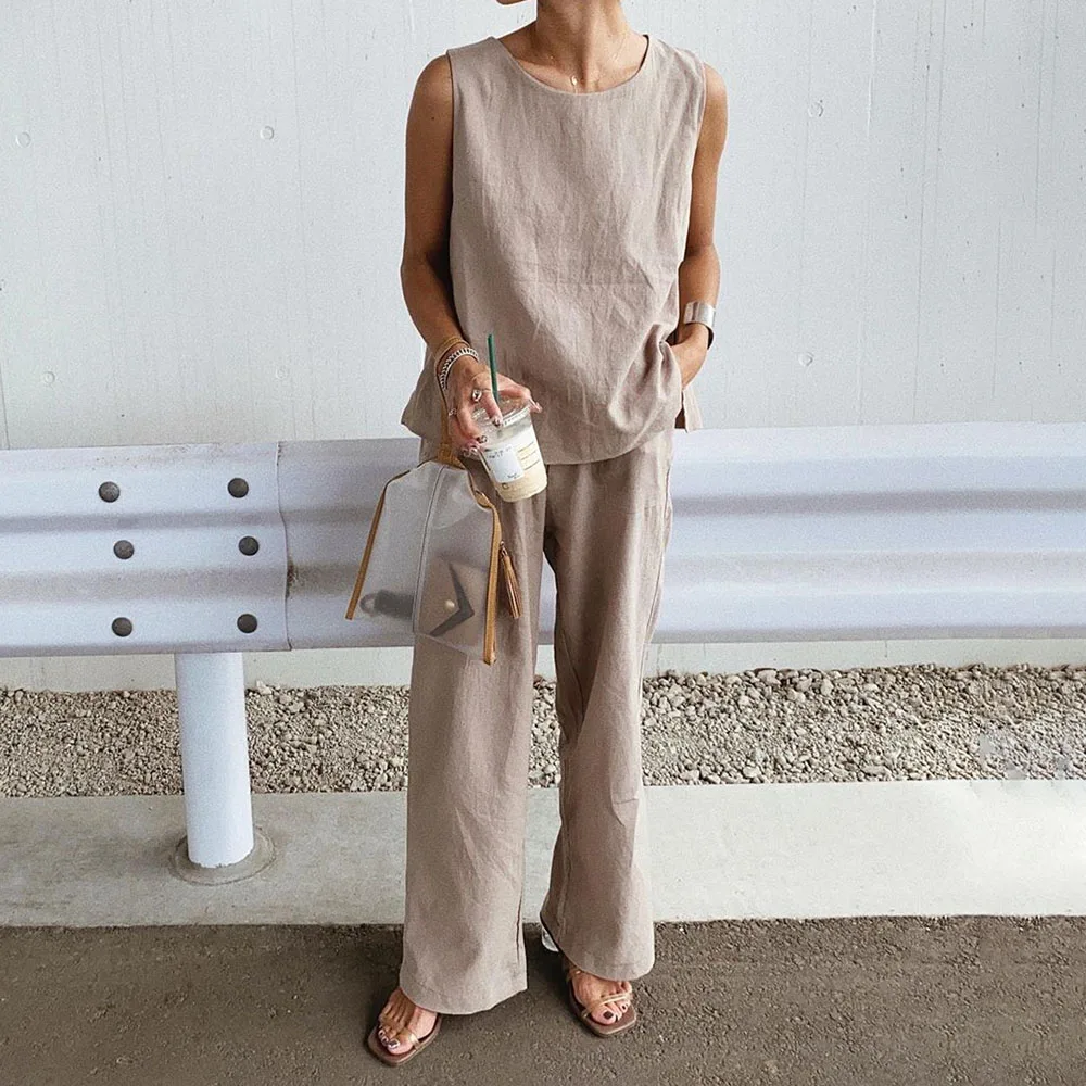 

Two Piece Sets Plain Trousers Casual Slit Ladies Fashion Round Neck Straight Pullover Fashionable Setup 2021 New Sleeveless Vest
