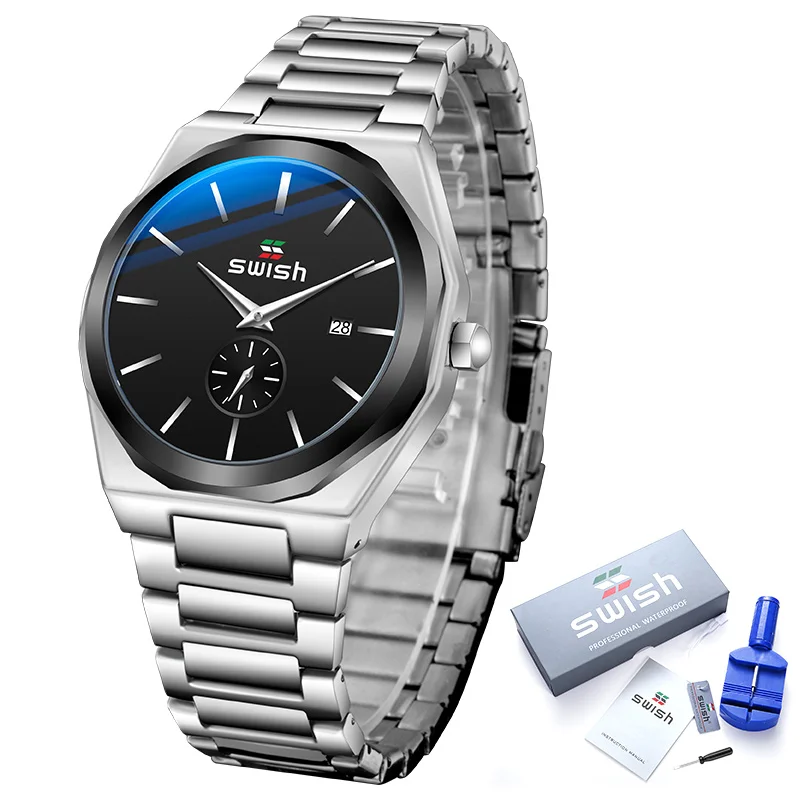 

SWISH 2020 Gold Chronograph Watch Men Casual Luxury Stainless Steel Military Wristwatch Waterproof Sports Quartz Watches Saat