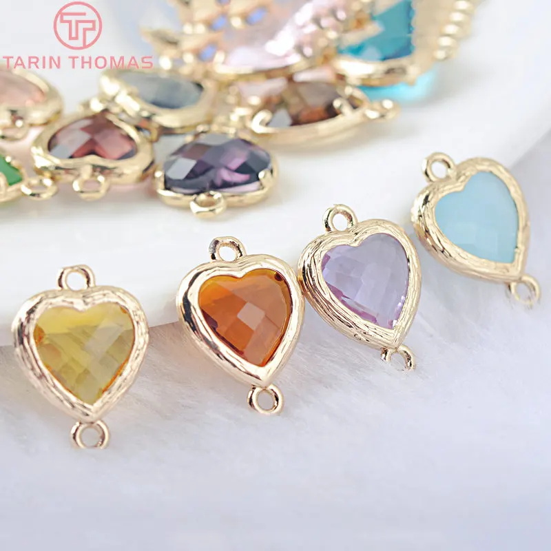 

(1102)10PCS 15x10MM 24K Champagne Gold Color Brass and Glass 2 Holes Heart Shape Connect Charms Pendants Jewelry Accessories