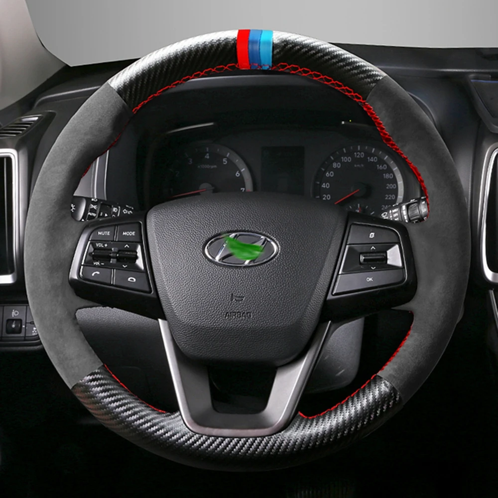 Car Steering Wheel Cover Anti-slip Black Carbon Fiber Suede Leather For Hyundai Ix35 Ix25 Elantra 4 2016-2019 Solaris 2017-2019