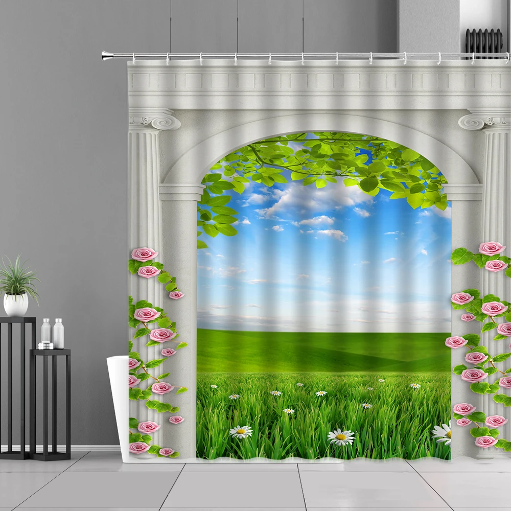 

European Style Garden Stone Walls Old Door Shower Curtains Rural Retro Nordic Home Decor Wall Cloth Waterproof Bathroom Curtain