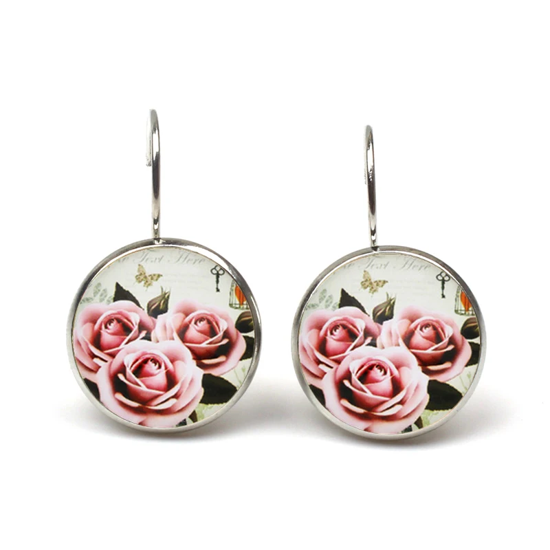 

2019 new pink beautiful retro crystal fashion jewelry round Retro handmade earrings Rose flower Dangle Earring Women's Colorful