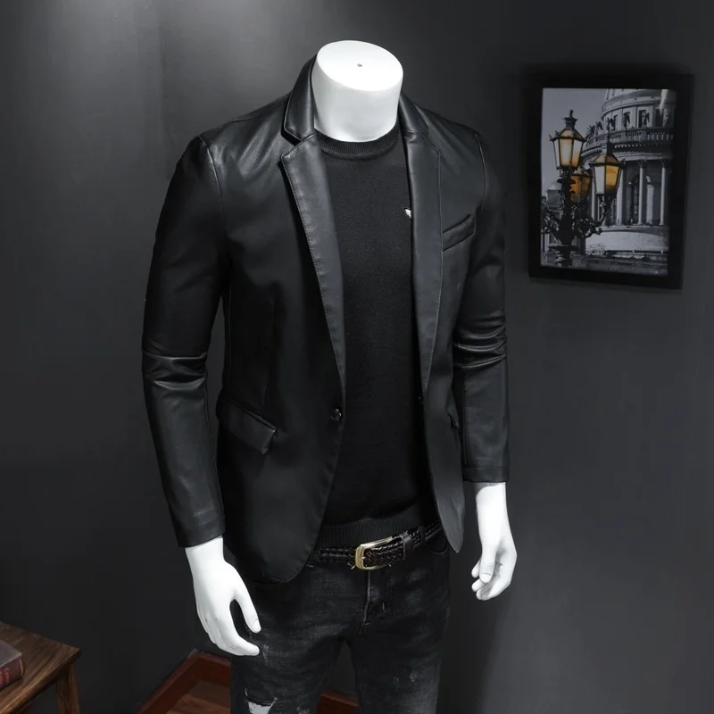 

collar Spring men's new Korean suit slim large PU leather jacket handsome single breasted business leisure