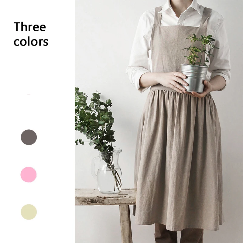 

Apron Solid Color Cotton Linen Dress Coffee Shop Home Storage Finishing Work Clothes Super Soft Comfortable Fashion Kitchen
