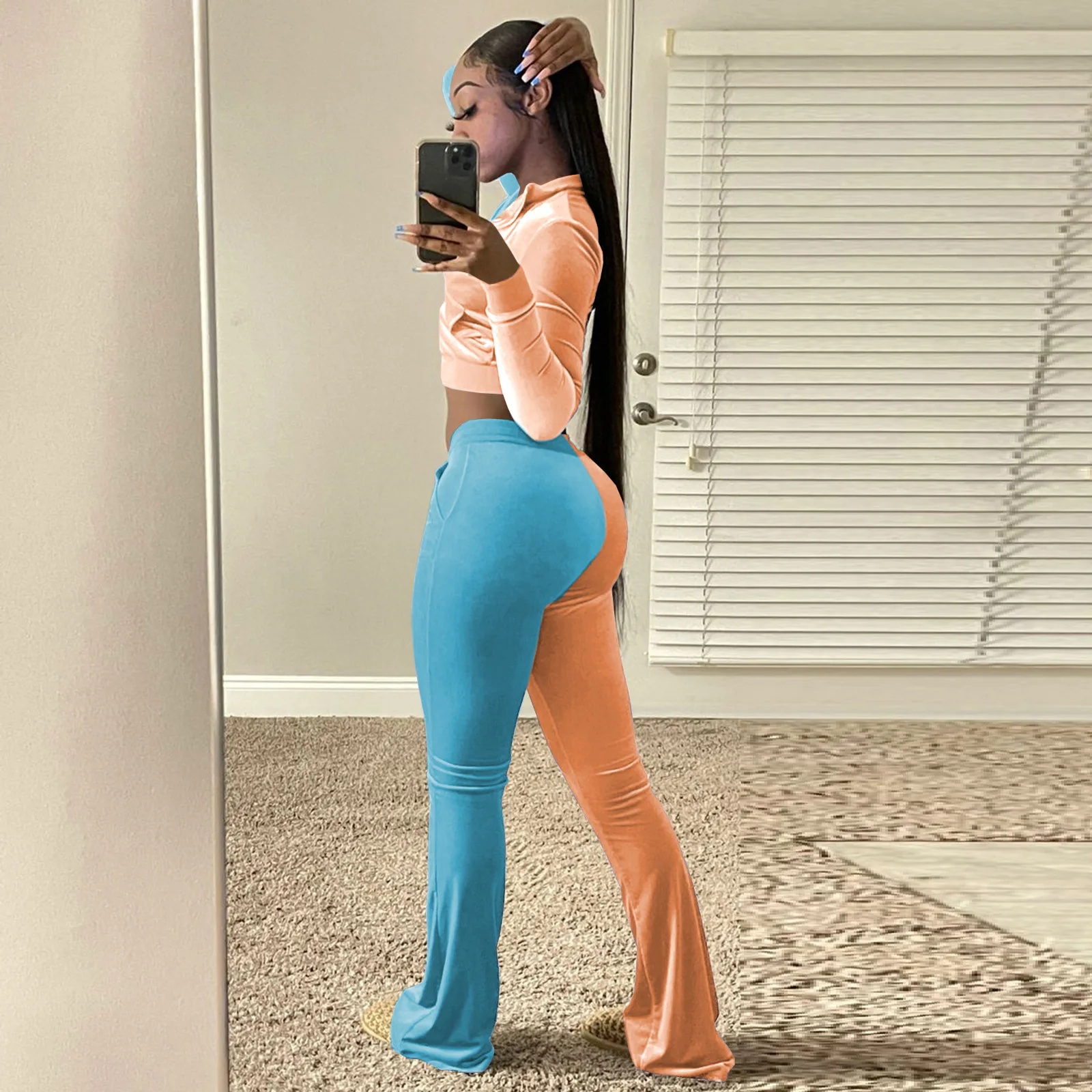 Winter Velvet Two Piece Set Women Purple Gold Tracksuit Zip Jacket Crop Top+Wide Leg Pants Sweatpants Matching Sets Casual Suits |