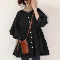 thin ruffles blouse for women button a line korea japanese style puff sleeve tops female oversized spring min shirt dress ladies