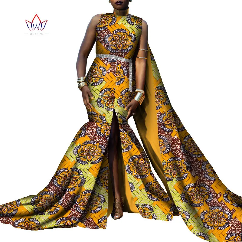 Bintarealwax Sleeveless Party Dress Dashiki Elegant Africa Style Clothing for Women Plus Size Floor- Length Dresses WY8794