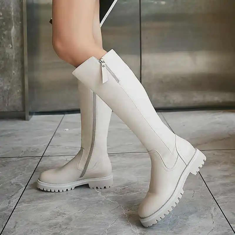 Бежевый krazing pot winter super keep warm cozy cow leather knight boots round toe med heels solid zipper fashion thigh high boots L5f6 - Цвет: Бежевый