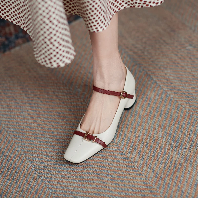 

Vintage low square Heels Pumps For Women buckle Decoration cow Leather Square Toe Shoes Woman Heels Spring Newest Women Shoes