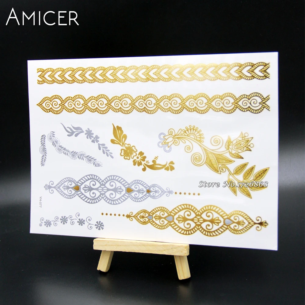 

Body Art Temporary Tattoos Gold Flash Metallic Tattoo Arm Sleeves Sticker Henna Women Jewelry Waterproof For Lace red lip eyes