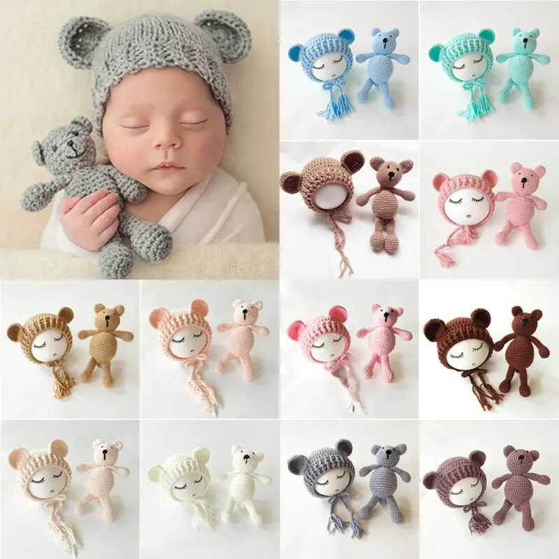 

AA 2020 New Knit Beanie Cap+ Bear Toy Newborn Baby Toddler infant Bear Photo Prop Photography Baby Knitted Cap