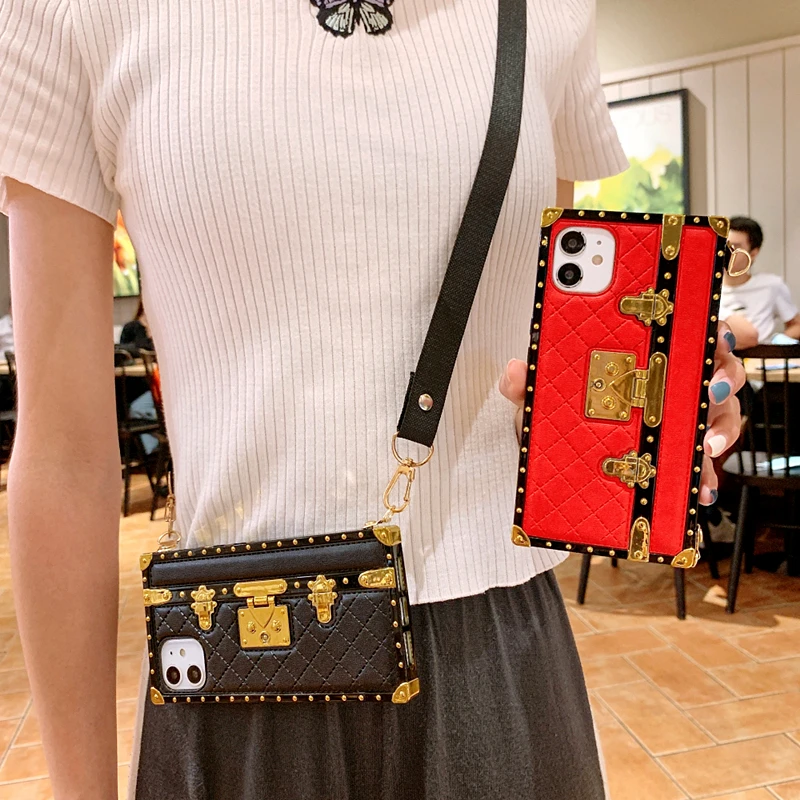 

Fashion Square Leather Plaid Lanyard Phone Case For iPhone 11Pro MAX Case 11 XS MAX XR 7 8 Plus Vintage Lattice Crossbody Cover