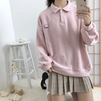 qweek kawaii cute embroidery sweatshirt women soft girl japanese style polo long sleeve hoodies tops cute alt clothes 2021