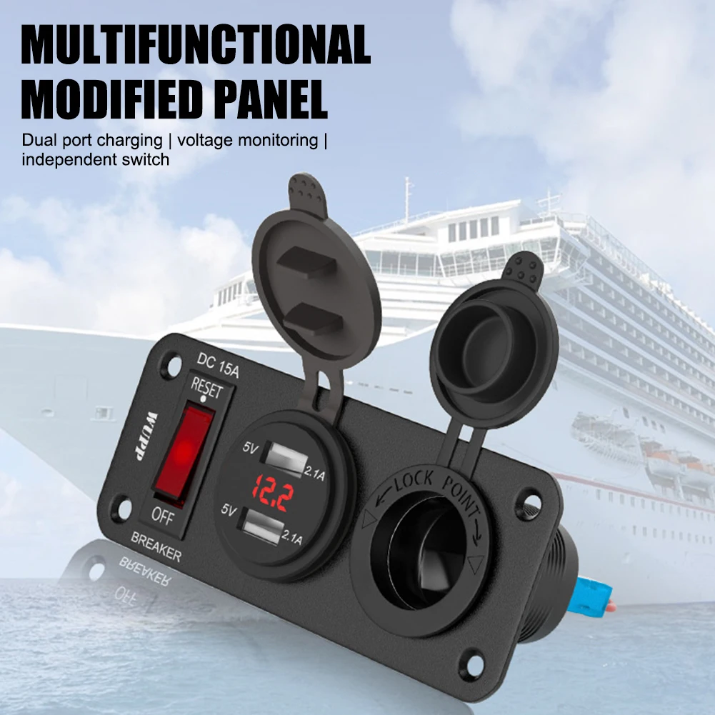 

Marine Rocker Switch Panel 12V Outlet 5V/2.1A Dual USB Fast Charging Digital Voltmeter Fuse Breaker for Car Boat Yacht RV