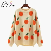 h sa 2021 winter sweater pullover women cute fruit sweater pull jumpers orange apple printed korean tops oversized jumpers