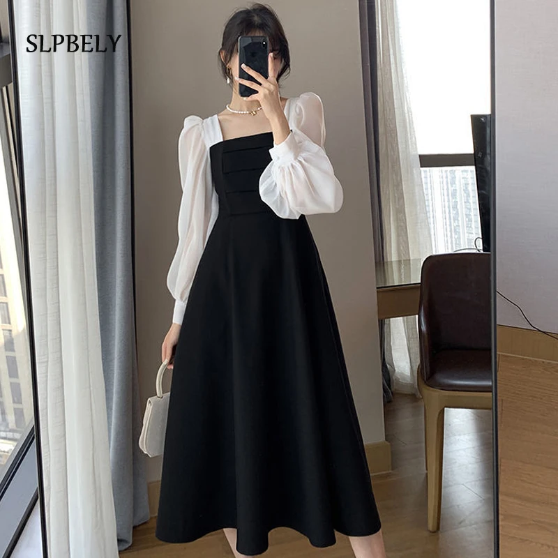 

SLPBELY France Elegant Black Dress For Women Autumn Retro Long Sleeve Midi Dress 2021 Fashion Vintage Hepburn A Line Party Dress