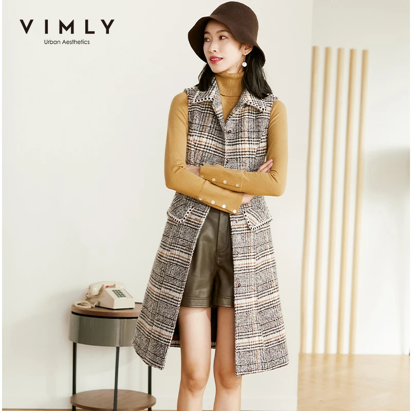 Vimly Wool Vest Dresses For Women Elegant 2020 Winter Single Breasted Sleeveless Dress Female Houndstooth Vestidos F3671