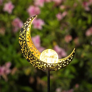 Antique Brass Hollow-Carved Metal Moon with Warm White Crackle Glass Globe Stake Lights Waterproof Outdoor for Lawn Patio Yard | Освещение