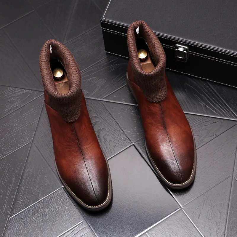 

New Men Shoes Leather Knitting Splicing Boots For Men High TOP Breathable Round Toe Casual Bottes Wear-resistant Basic Men Shoes