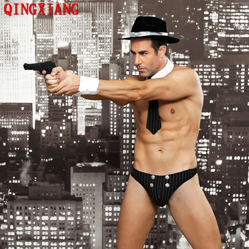 

2020 America Policemen Detective Panties Tie Tops Felt Hat Cuff Gun Set Police Men Striped Fabric Sexy Cosplay Costume
