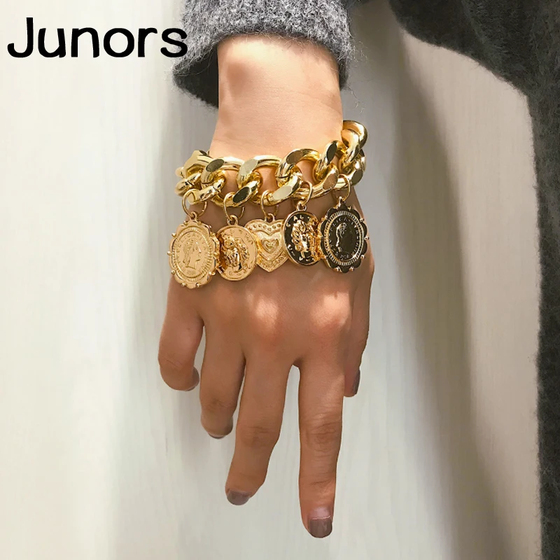 Панк металлическая золотая цепочка браслеты для женщин Королева голова портрет