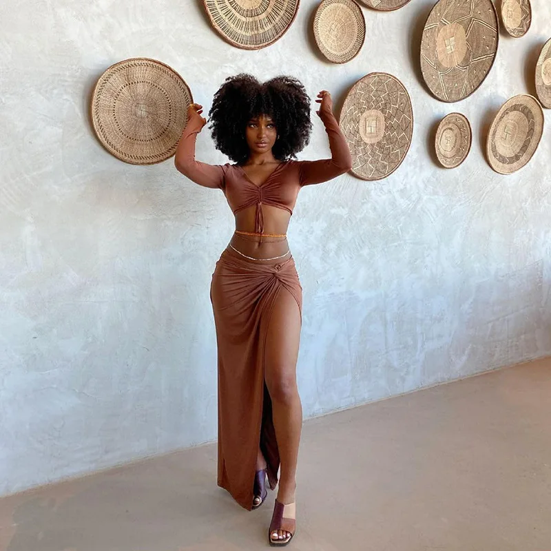 

Ggbaofan Sexy Drawstring Ruched Long Sleeve Dress Sets Spilt Skirt Outfit Top And Skirt Fashion Club Matching Set Fall 2021