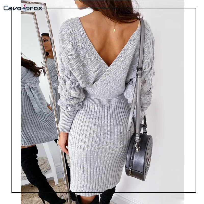 V-Neck Surplice Wrap Ribbed Batwing Sleeve Sweater Bodycon Dress Women Chic Solid Pullover Slim Fit Spring Fall Jumper |