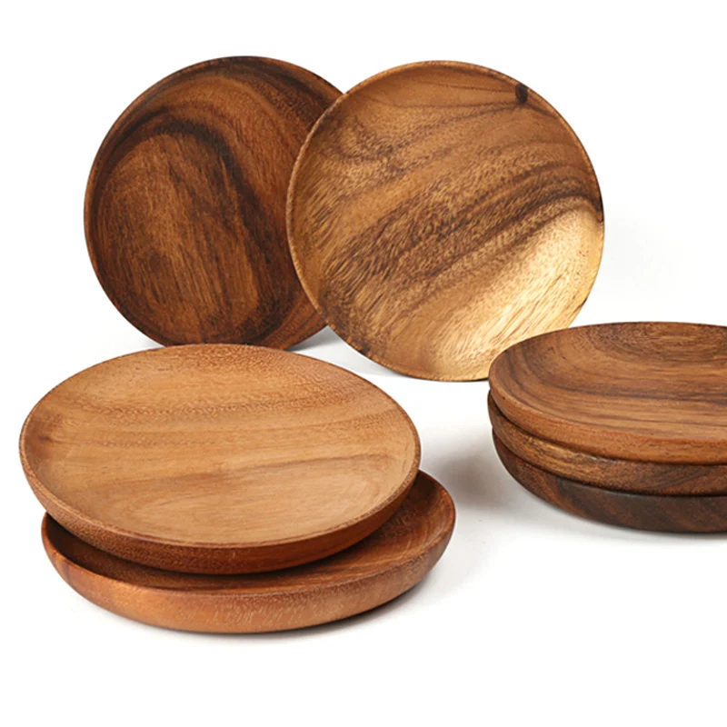 2pcs Round Wooden Plates Set High Quality Acacia Wood Cake Dishes Dessert Serving Tray Wood Sushi Plate Tableware Dinnerware