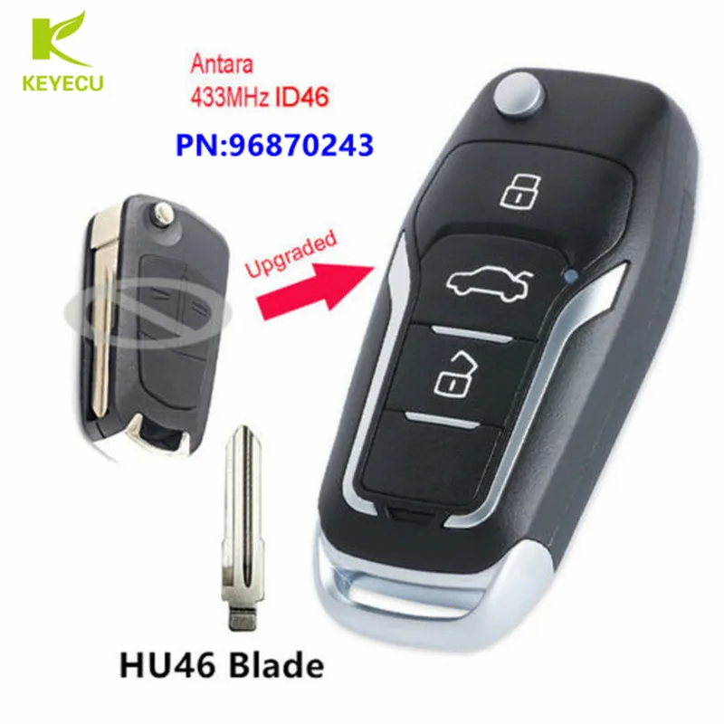 KEYECU Upgraded Flip Remote Car Key Fob 2/3 Button Optional 433MHz ID46 for Opel Antara 2007-2015 Uncut HU46 Blade PN: 96870243 |