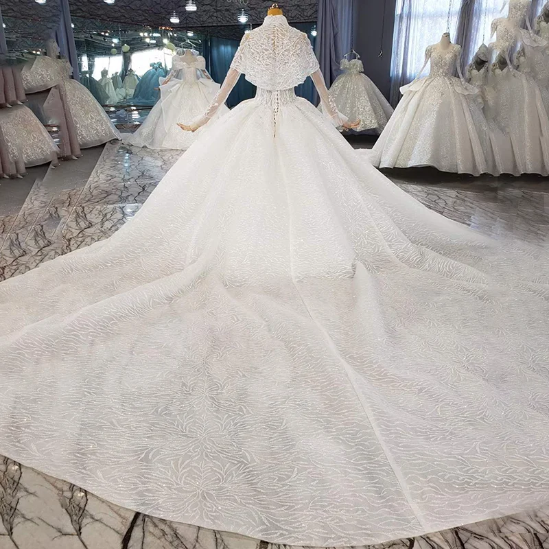 HTL2050 Detachable Shawl Luxurious High Neck Crystal Beading Sequined Wedding Dress 2021 For Woman Ball Gowns