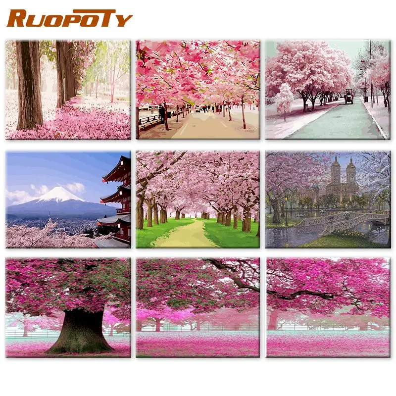 

RUOPOTY Paint by Numbers for Adults DIY Digital Painting Cherry Street Lanscape Colour by Numbers kit Wall Art Handpainted Decor