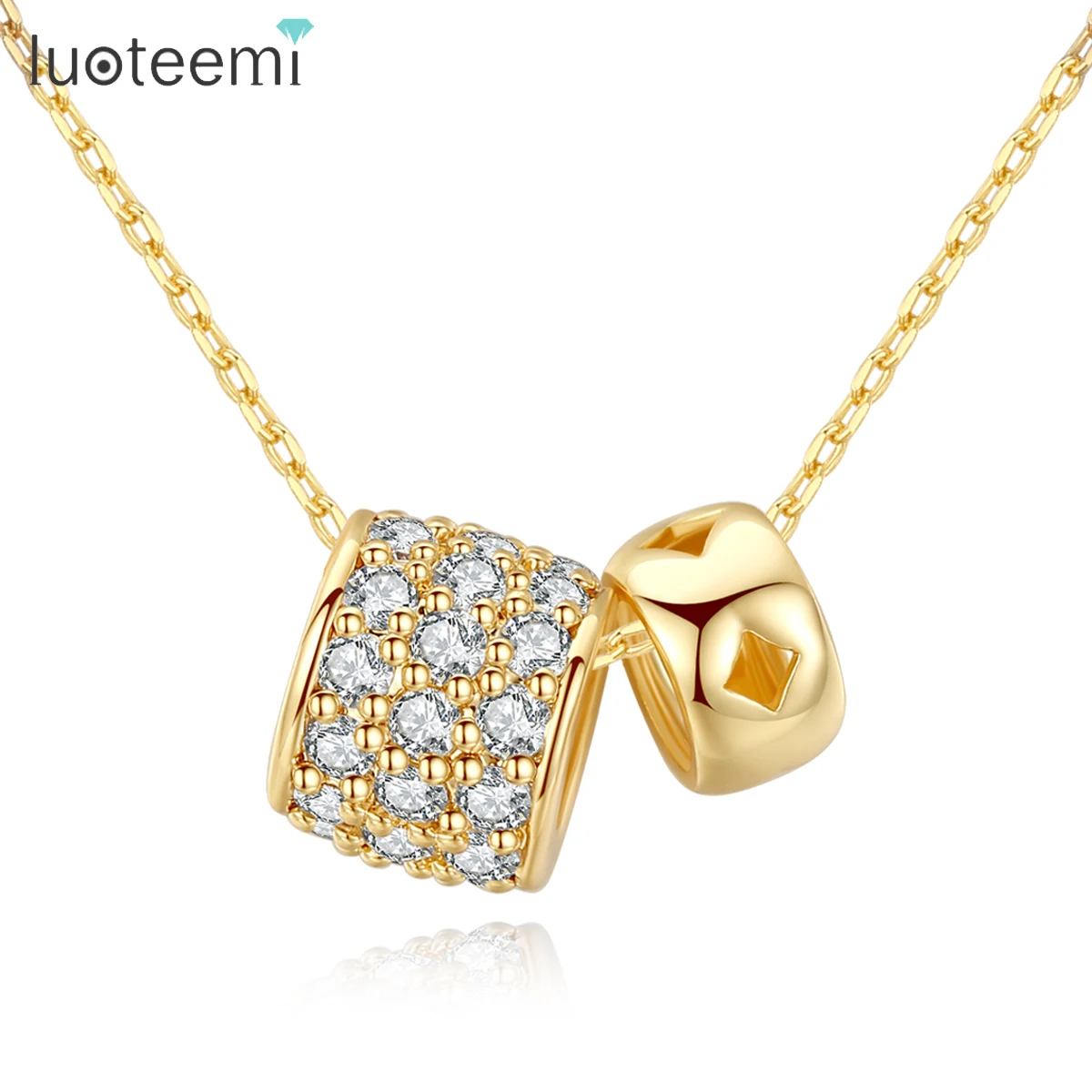 

LUOTEEMI New Trendy Gold Color Double Balls Pendant Necklace With Cubic Zirconia for Women Girl Link Chain Necklace Bijoux Gifts