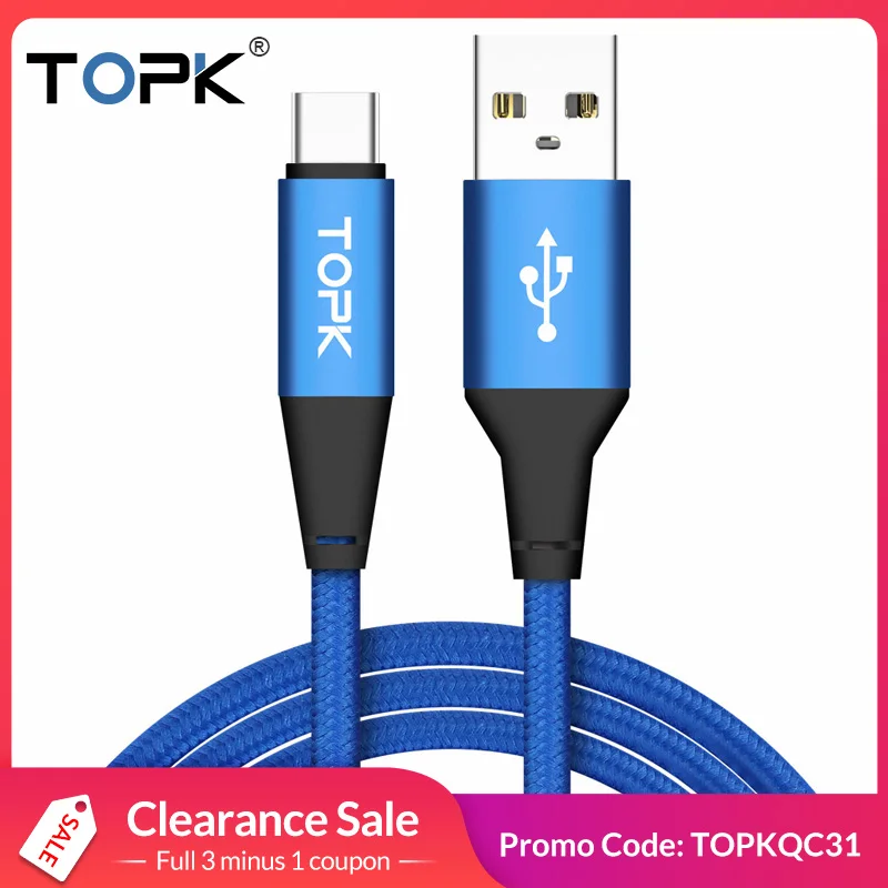 Кабель TOPK usb type C для huawei P20 Lite mate 10 Pro с нейлоновой оплеткой кабель samsung Glaxay S9 USB