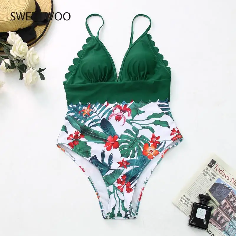 

2021 Fashion Summer Women's Retro One Piece Swimwear Floral Swimwear Bandage Swimsuit