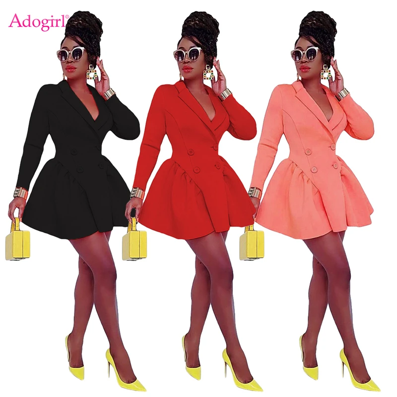 

Adogirl Women Solid Fall Blazer Dress Elegant Notched Long Sleeve Double Breasted Ruffle Office Lady Mini Dresses Outfit