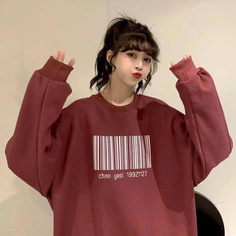 

New Autumn Winter Oversize Velvet Pullovers Women Sweatshirt Printed Bar Code Casual Streetwear Loose Long Sleeves Clothing