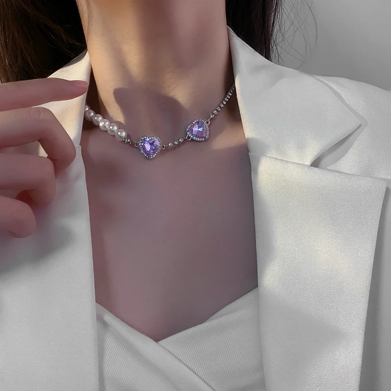 

TIYO Delicate Jewelry Purple Heart Choker Necklace Pretty Design Crystal Simulated Pearl Necklace For Girl Lady Dropshipping