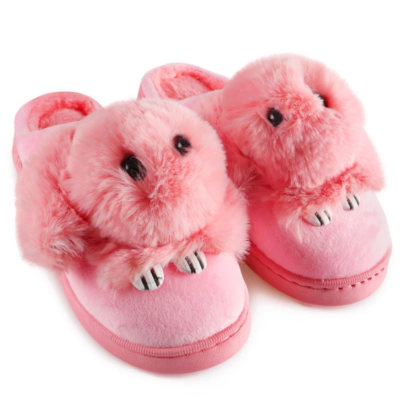 Pink Зимние домашние тапочки; женские меховые шлепанцы; женские Вьетнамки с милым животным кроликом; теплые плюшевые тапочки для женщин; zapatos De Mujer - Цвет: Pink