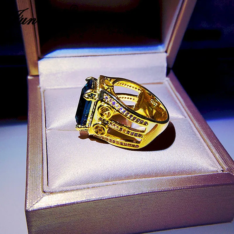 Luxury Geometric Square Crystal Yellow Gold Rings For Women Men Big Blue Stone Wedding Bands Engagement Ring Promise Jewelry CZ | Украшения