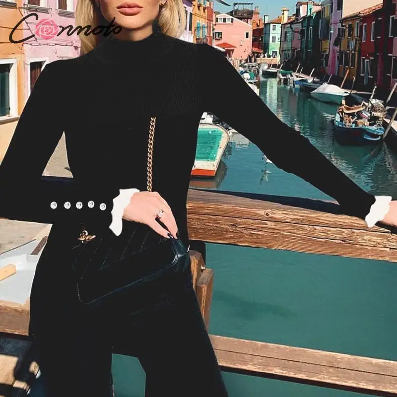 Conmoto Ruffle Harajuku 2019 Winter Sweater Women Knitted Turtle White Slim Kroean Ladies Mujer Pullover | Женская одежда