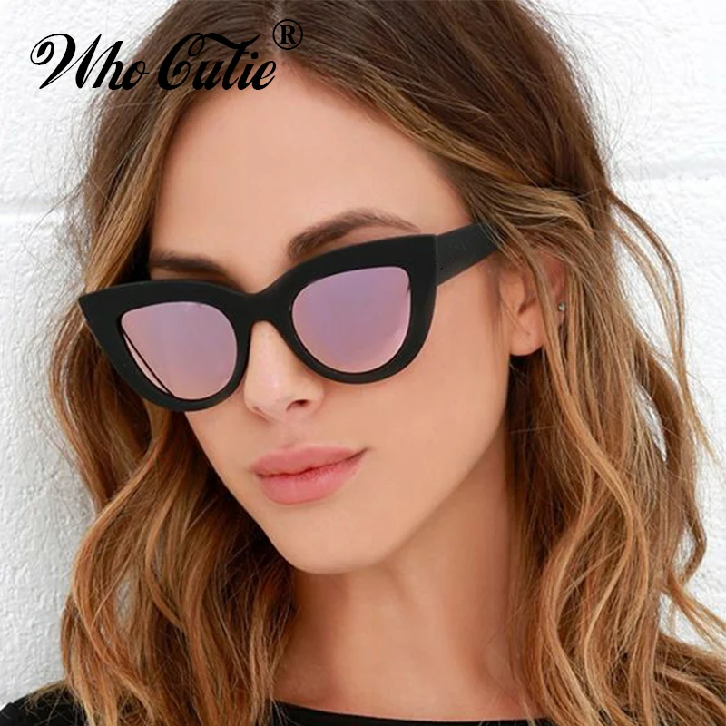 WHO CUTIE 2018 черные розовые зеркальные солнцезащитные очки кошачий глаз фирменные