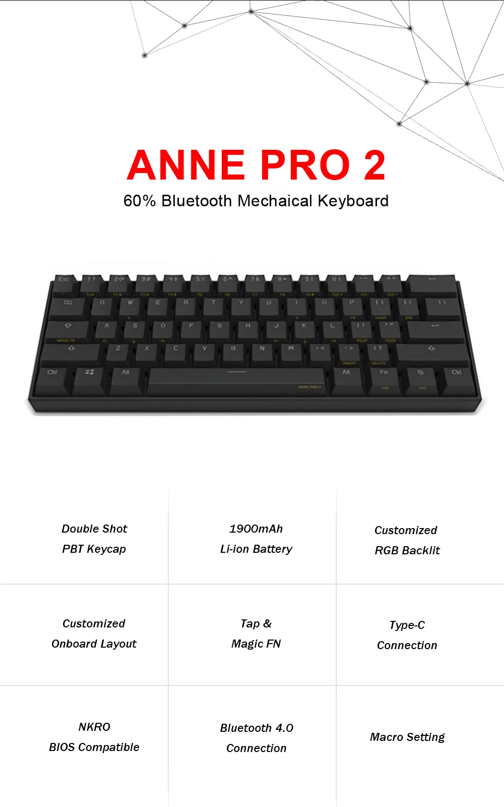 

[Switch]Obins Anne Pro 2 60% NKRO Mechanical Keyboard wireless bluetooth 4.0 Type-C RGB Mechanical Gaming Keyboard