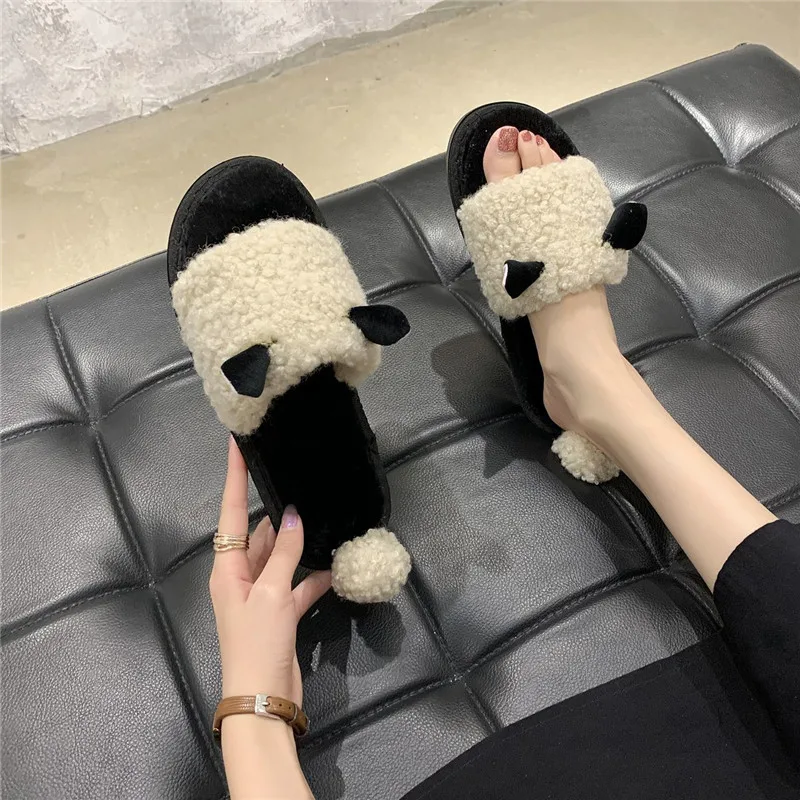 COOTELILI Woman Slippers Winter Shoes For Women New Fashion Sheep Faux Fur Flat Heel Pink Beige Plus Size 40 41 | Обувь