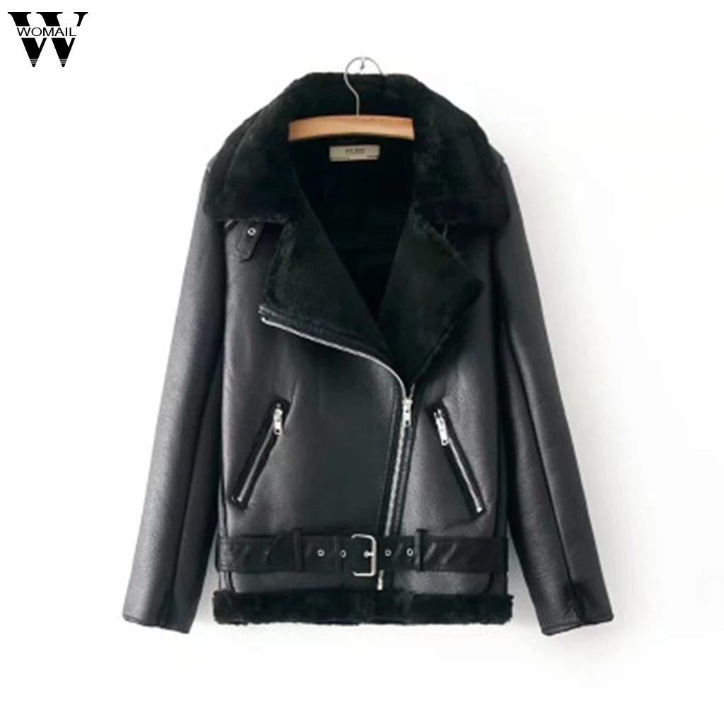 Womail пальто Женская однотонная куртка Осенняя мягкая куртка женская модная мотоциклетная куртка на молнии из искусственной кожи Женская Базовая уличная куртка S18