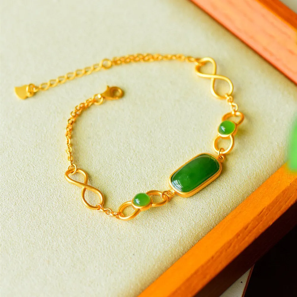 

925 Sterling Silver Gold-Plated Inlaid Natural Hetian Jasper Bracelet Women's Fashion Simple Square Jewelry Goddess Bracelet