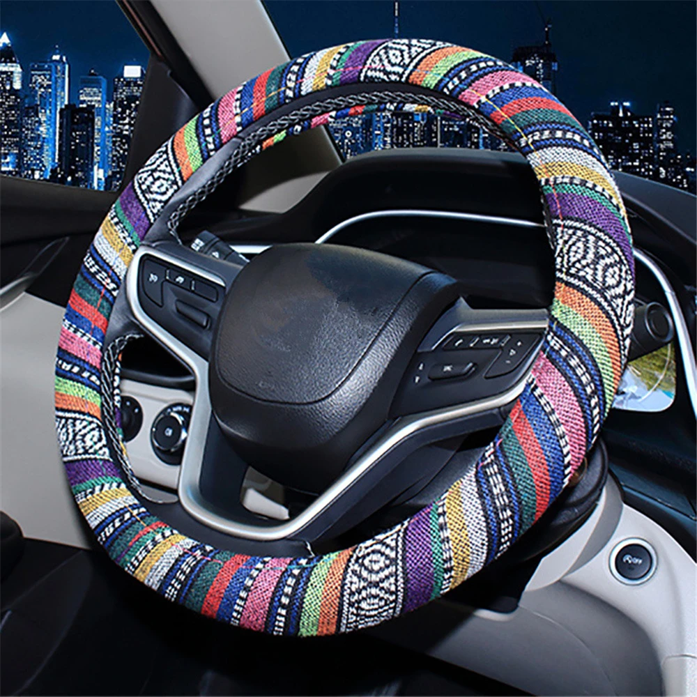 

38cm Universal Auto Decoration Linen Elastic Car Steering Wheel Cover Ethnic Style Car Steering-wheel Protector Car Accessories