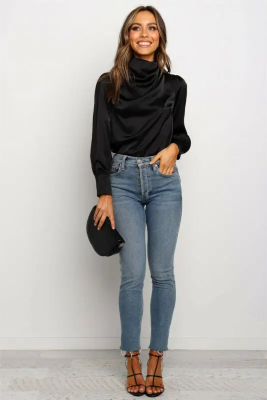 Женская однотонная открытая Водолазка с длинным рукавом свободная футболка